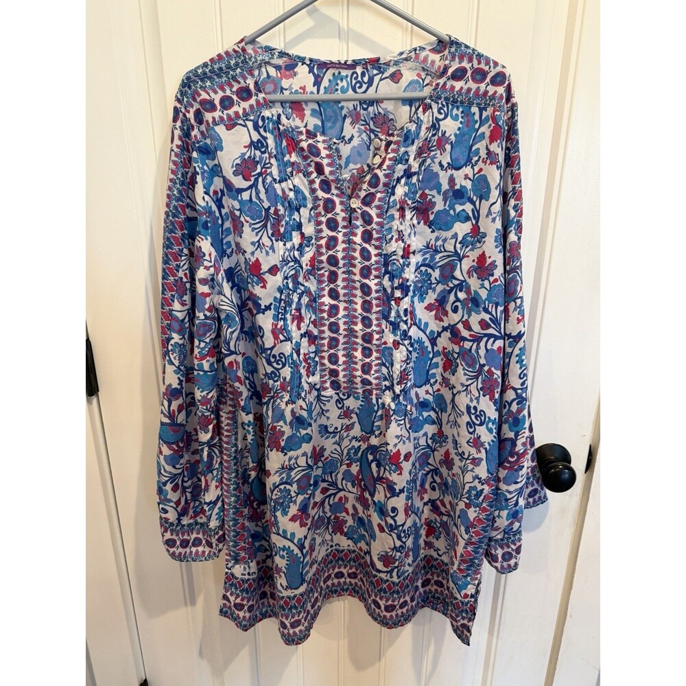 Amita Naithani XL 100% Silk Tunic Blouse Floral Paisley Boho Pintuck Blue Pink